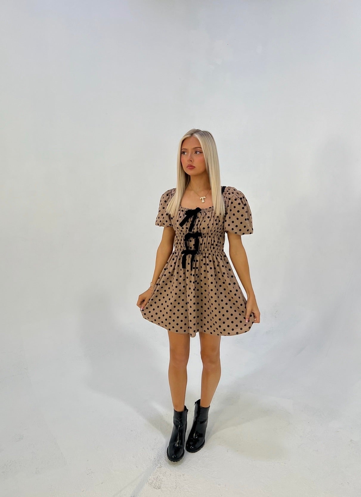 Velvet Trim Polka Dot Mini Dress